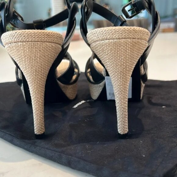 YSL SAINT LAURENT TRIBUTE LINEN AND BLACK LEATHER SANDAL HEEL SIZE 37 - Picture 6 of 6